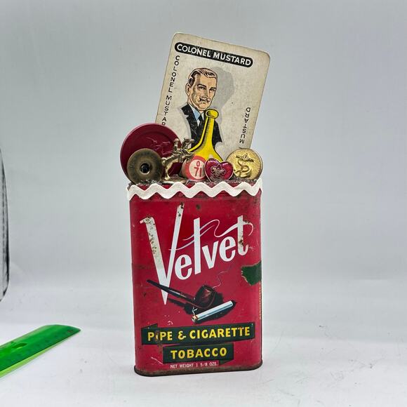 Colonel Mustard Assemblage Art Piece - Fathers Day Velvet Tobacco Tin - Picture 5 of 7